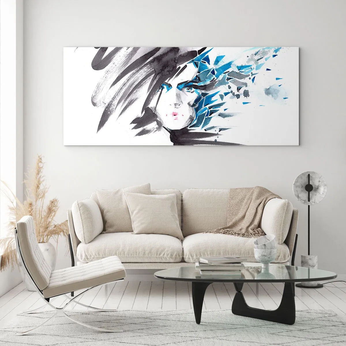 Schilderen op glas - Sensueel portret in grijs en blauw - 90x30 cm