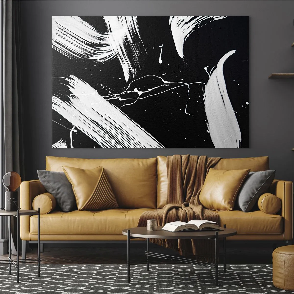 Schilderen op glas - Witte penseelstreken op een zwarte achtergrond - 70x50cm - Breek de duisternis - Moderne wanddecoratie voor woonkamer en slaapkamer ARTTOR