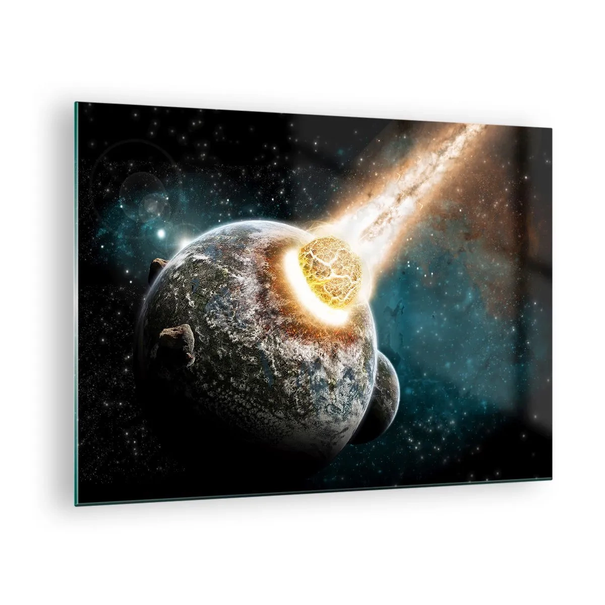 Schilderen op glas - Een planeet die botst met een meteoriet - 70x50cm - Vernietiging of geboorte - Moderne wanddecoratie voor woonkamer en slaapkamer ARTTOR
