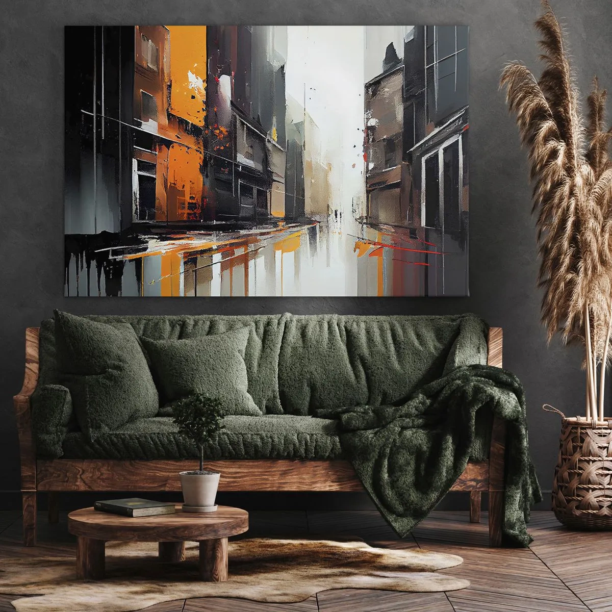 Schilderen op canvas - Abstract beeld van een stadsstraat in de regen - 70x50cm - Regenachtige dag - Moderne wanddecoratie voor woonkamer en slaapkamer ARTTOR