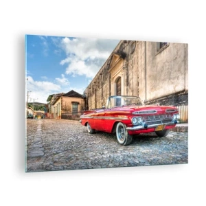 Schilderen op glas - Een klassieke rode cabriolet op een geplaveide straat in een retro-omgeving - 70x50cm - Cubaanse emoties - Moderne wanddecoratie voor woonkamer en slaapkamer ARTTOR
