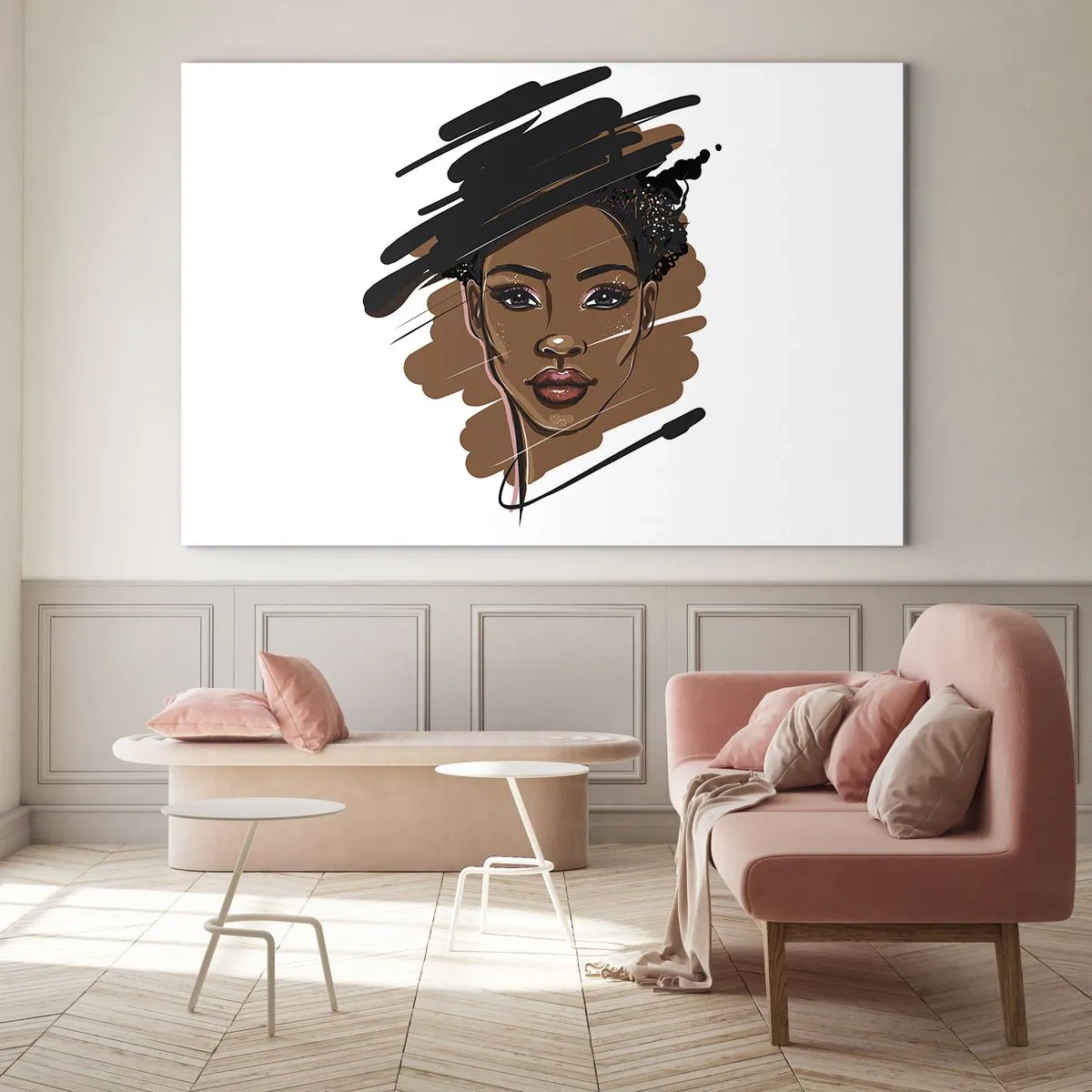 Schilderen op glas - Portret van een zwarte vrouw in modeschetsstijl - 70x50cm - Zoet als chocolade - Moderne wanddecoratie voor woonkamer en slaapkamer ARTTOR