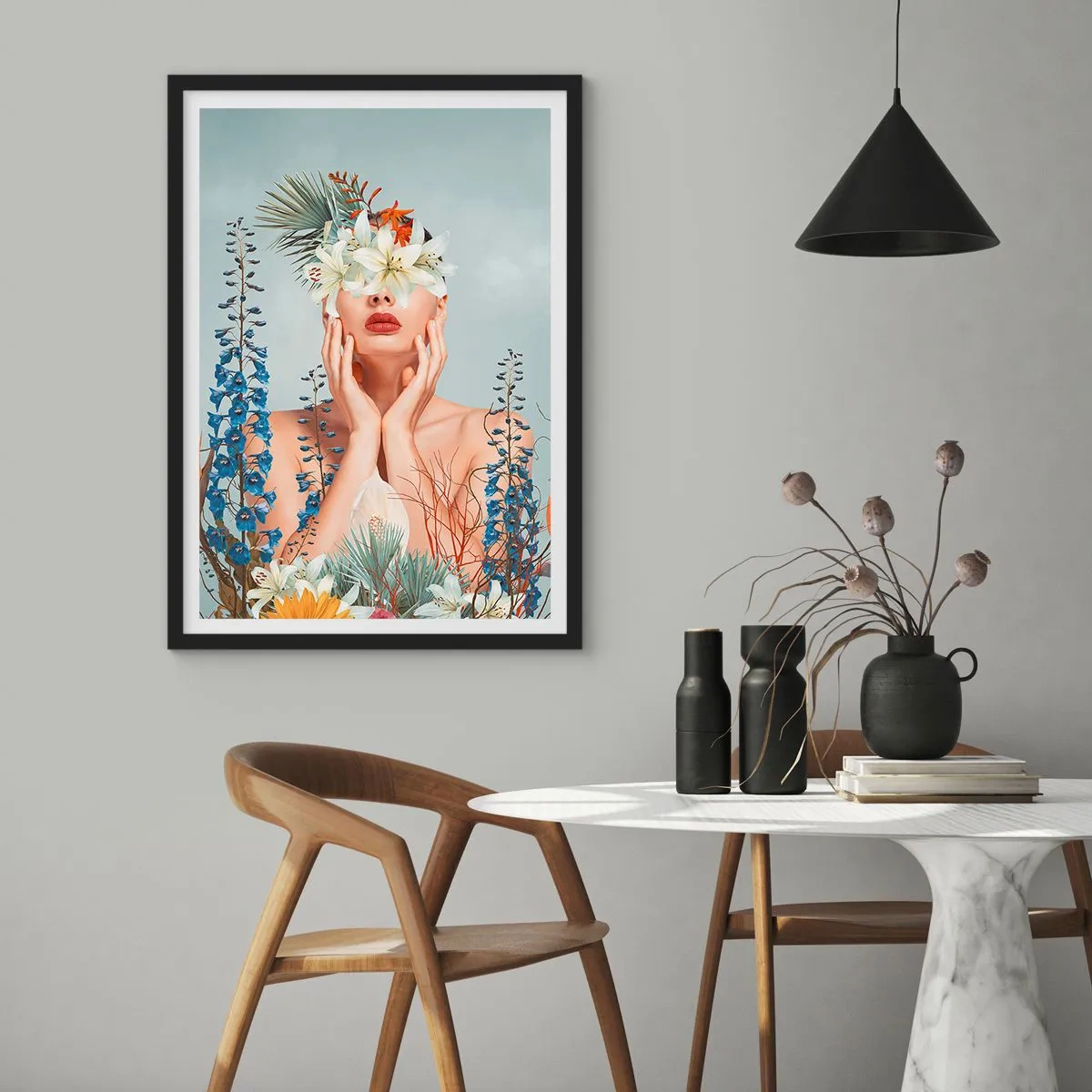 Poster in een zwarte lijst - Een vrouw omringd door bloemen in een surrealistische compositie - 50x70cm - Vrouw - bloem - Moderne wanddecoratie voor woonkamer en slaapkamer ARTTOR