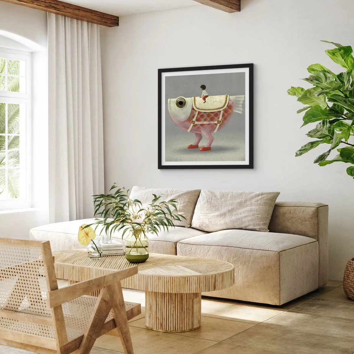 Poster in een zwarte lijst - Ruiter op een surrealistische vis - 60x60 cm