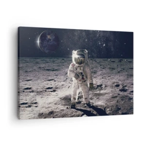 Schilderen op canvas - Astronaut op het maanoppervlak met de aarde op de achtergrond - 70x50cm - Groetjes van de maan - Moderne wanddecoratie voor woonkamer en slaapkamer ARTTOR
