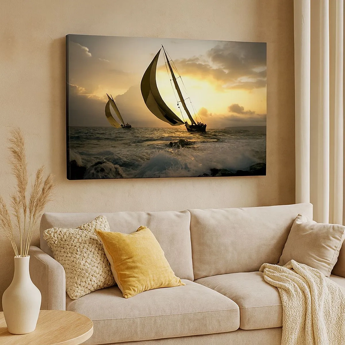 Schilderen op canvas - Zeilboten op zee tijdens zonsondergang - 70x50cm - Met de wind en tegen de wind - Moderne wanddecoratie voor woonkamer en slaapkamer ARTTOR