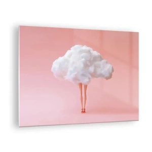 Schilderen op glas - Een vrouwenfiguur met een wolk in plaats van een jurk tegen een pastelroze achtergrond. - 70x50cm - Zoete belofte - Moderne wanddecoratie voor woonkamer en slaapkamer ARTTOR