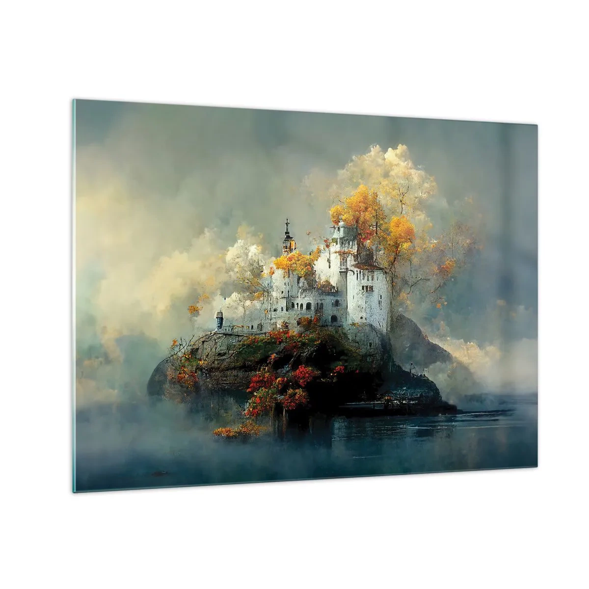 Schilderen op glas - Een kasteel op een rots omgeven door mist en herfstbomen - 70x50cm - Het begin van een romantisch verhaal - Moderne wanddecoratie voor woonkamer en slaapkamer ARTTOR