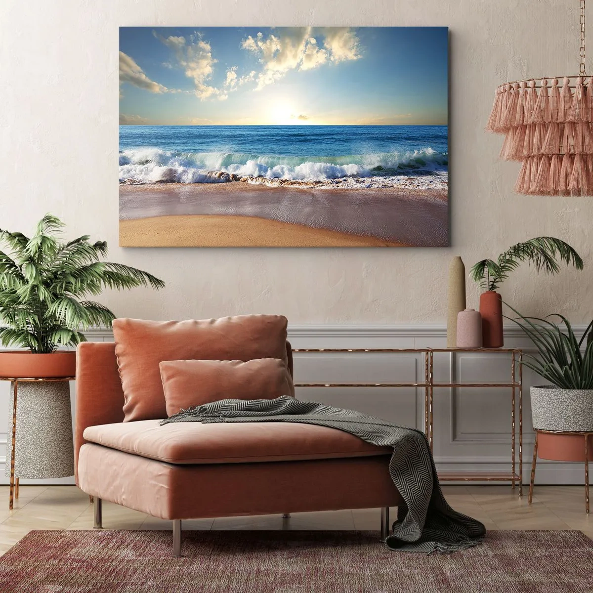 Schilderen op canvas - Een zonnig strand met golven die tegen de kust beuken - 70x50cm - Beweging en stilte tegelijk - Moderne wanddecoratie voor woonkamer en slaapkamer ARTTOR