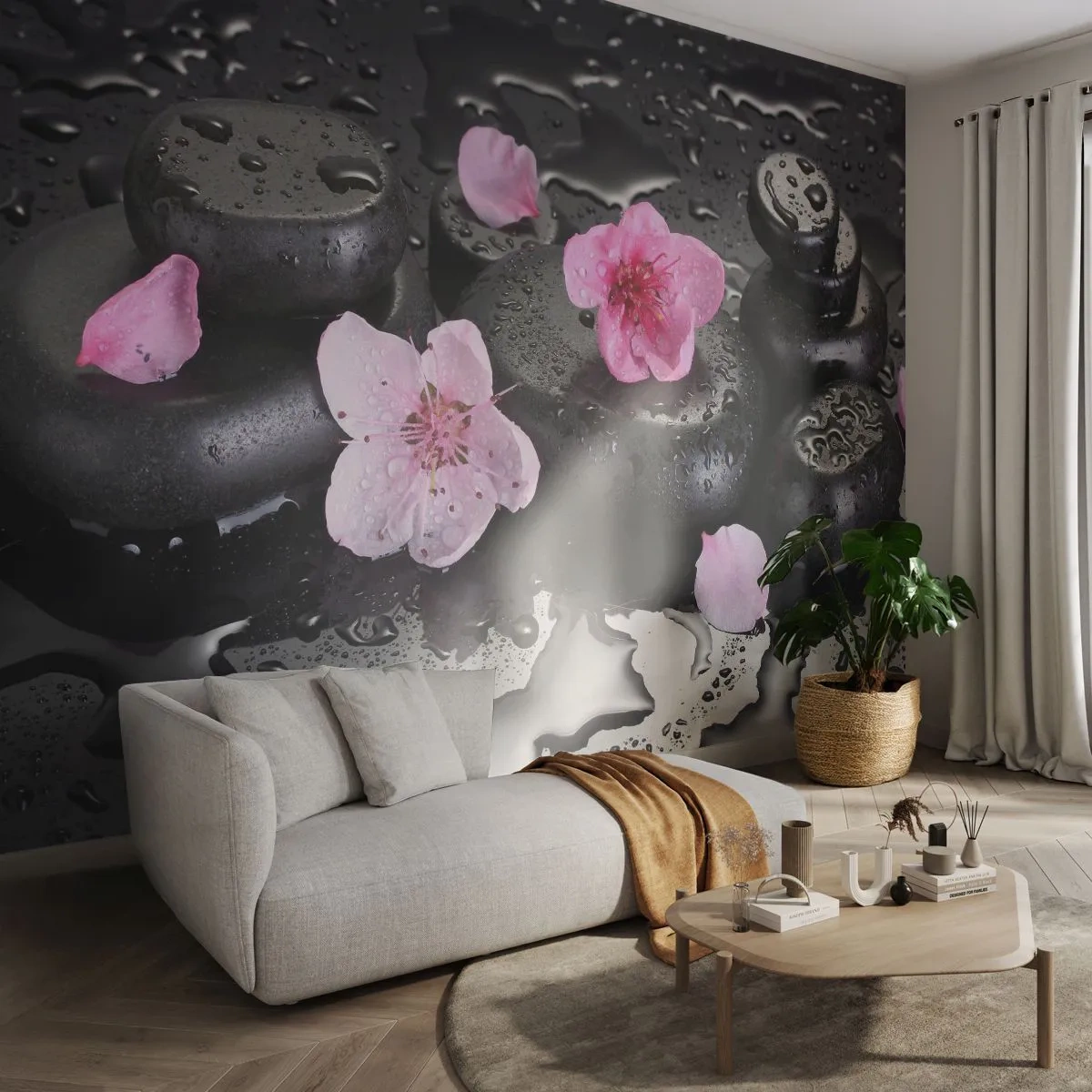 Zelfklevend Fotobehang Deluxe Sticker - En de steen valt uit het hart - Bloemen, Azië, Spa - 250x175 cm