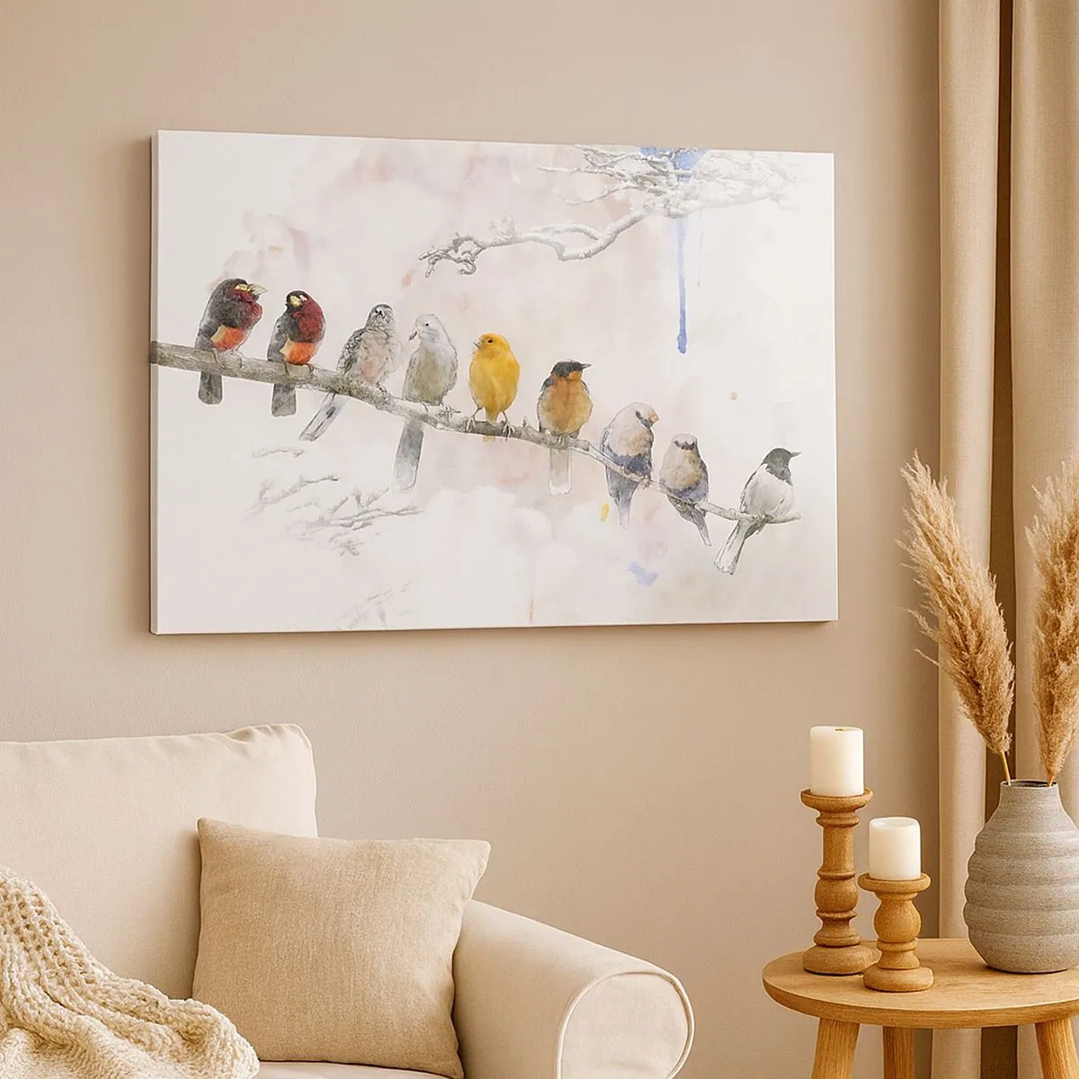 Schilderen op canvas - Kleurrijke vogels op een tak in aquarelstijl - 70x50cm - Gevleugelde ontmoeting - Moderne wanddecoratie voor woonkamer en slaapkamer ARTTOR