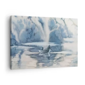 Schilderen op canvas - Aquarellandschap met boten op een meer omgeven door een mistig bos - 70x50cm - Vissers in hun paradijs - Moderne wanddecoratie voor woonkamer en slaapkamer ARTTOR