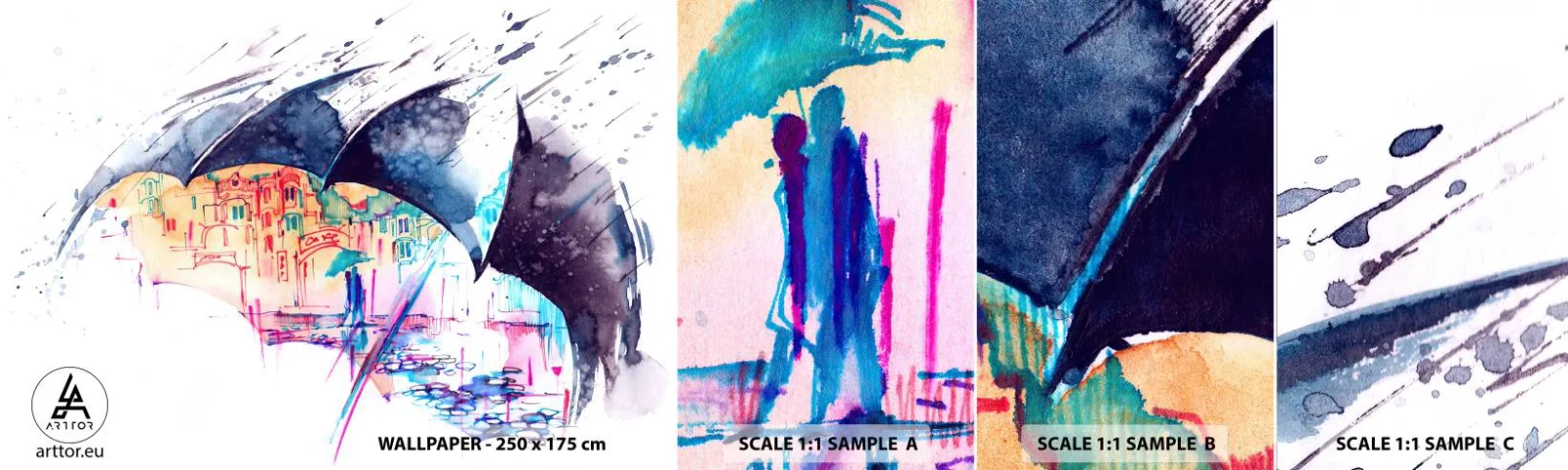 Fotobehang Staaltje Standard Eco - Wandeling in de regen - Abstractie, Paraplu, Architectuur - 100x30 cm