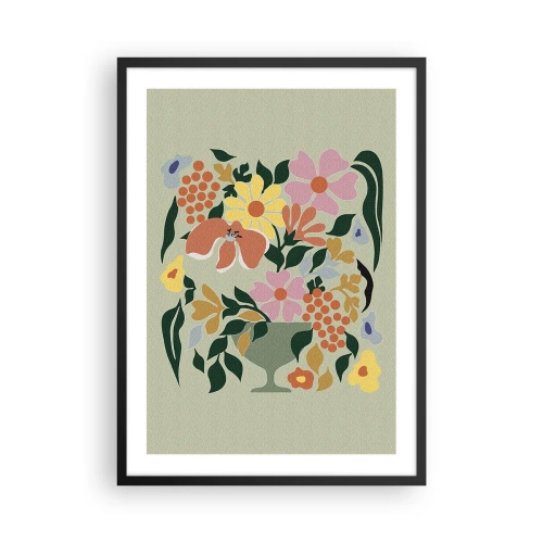 Poster in een zwarte lijst - Een kleurrijk bloemstuk in een decoratieve vaas op een groene achtergrond - 50x70cm - Een boeket vol leven - Moderne wanddecoratie voor woonkamer en slaapkamer ARTTOR