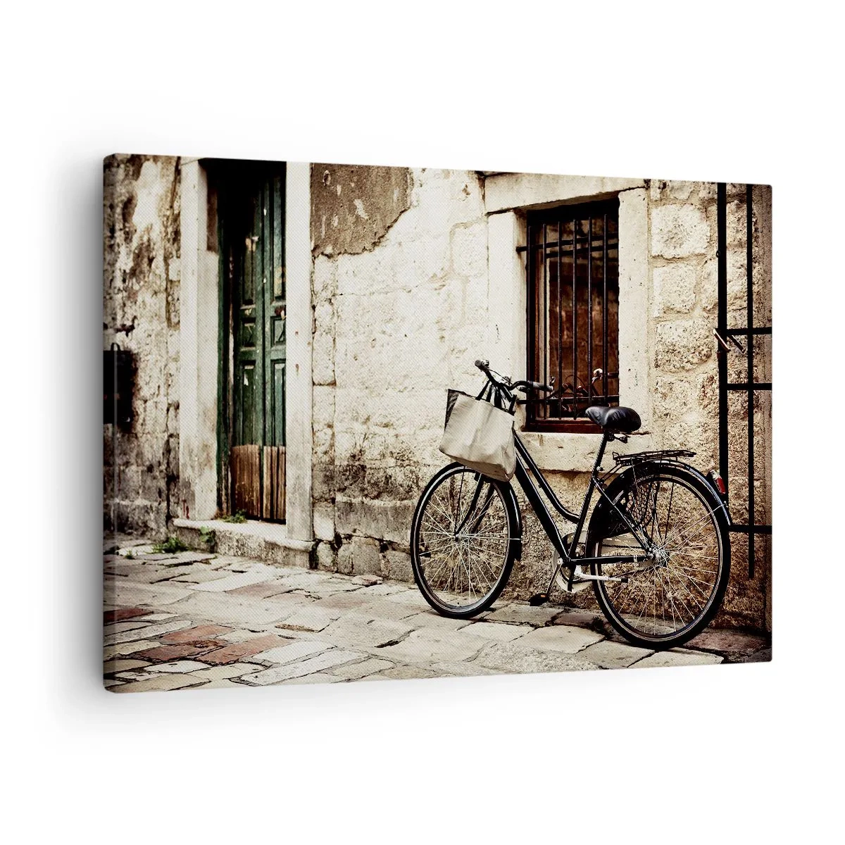 Schilderen op canvas - Een fiets tegen een stenen muur met een raam en deur in retrostijl - 70x50cm - Terug naar het verleden - Moderne wanddecoratie voor woonkamer en slaapkamer ARTTOR