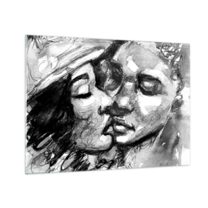 Schilderen op glas - Zwart-wit schets van een tedere kus - 70x50cm - Een teder moment - Moderne wanddecoratie voor woonkamer en slaapkamer ARTTOR