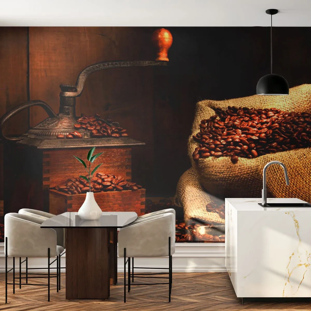 Fotobehang Standard Eco - Stilleven met koffiebonen en een molen - Gastronomie, Koffie, Koffiemolen - 250x175 cm