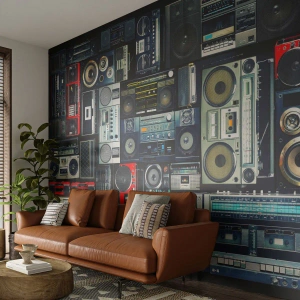 Zelfklevend Fotobehang Deluxe Sticker - Verlangen naar de jaren 80 - Bandrecorder, Muziek versterker, Vintage muziekapparatuur - 350x256 cm
