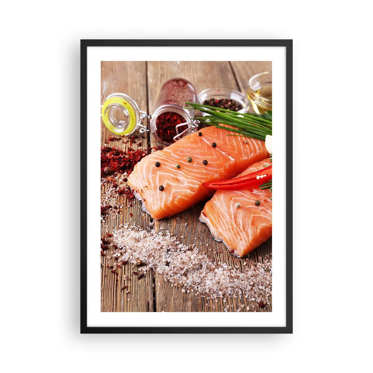 Poster in een zwarte lijst - Zalmfilets met kruiden op een rustieke achtergrond - 50x70cm - Noors avontuur in de keuken - Moderne wanddecoratie voor woonkamer en slaapkamer ARTTOR