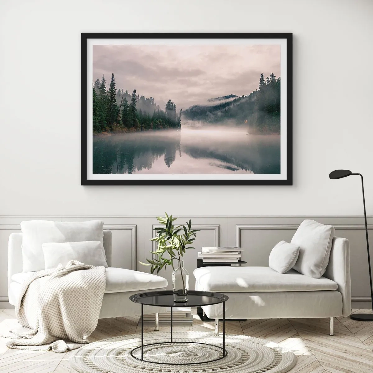 Poster in een zwarte lijst - In reflectie, in de mist - 70x50 cm