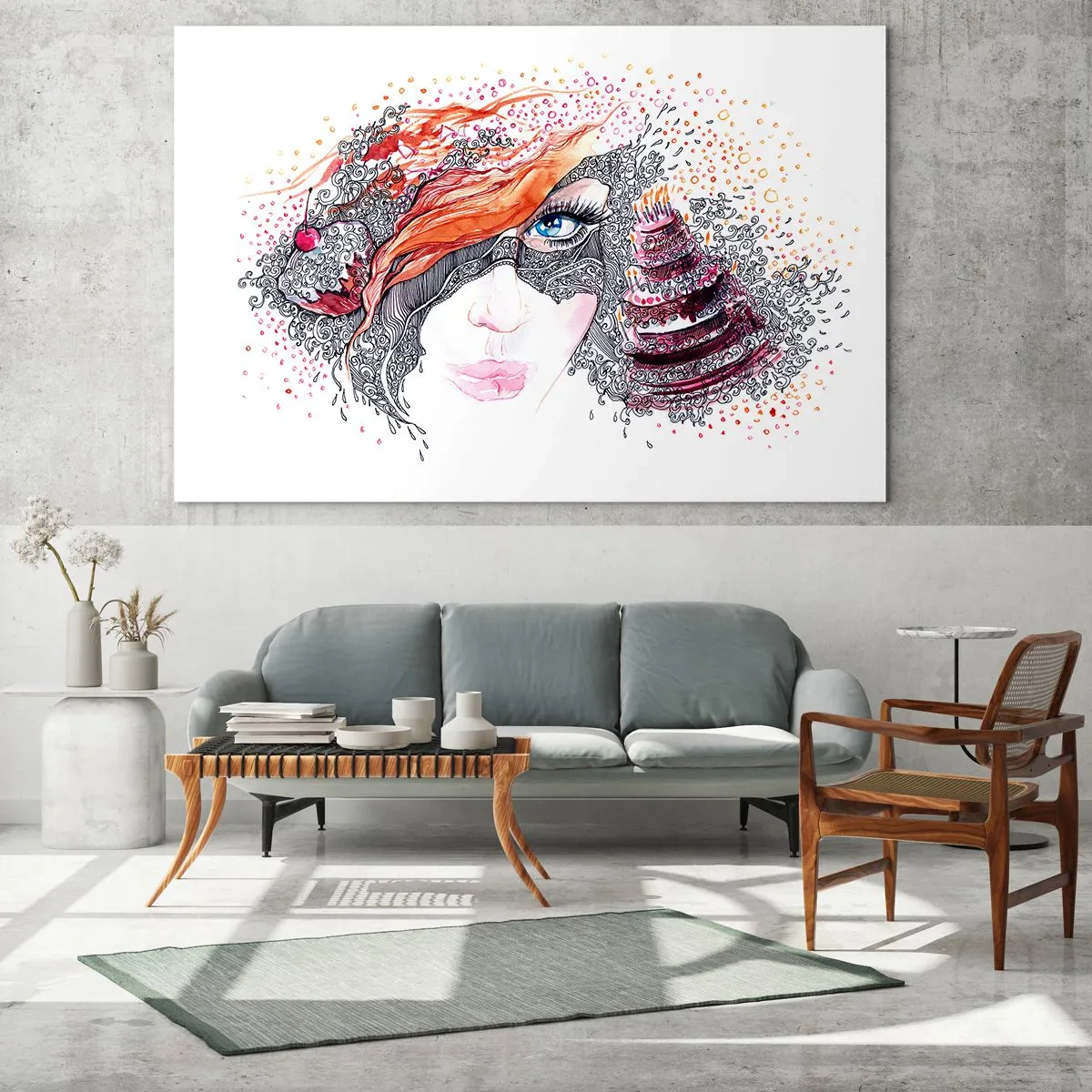 Schilderen op glas - Portret van een vrouw met dynamische patronen en rode accenten - 70x50cm - Elke dag is er een feestdag met haar - Moderne wanddecoratie voor woonkamer en slaapkamer ARTTOR