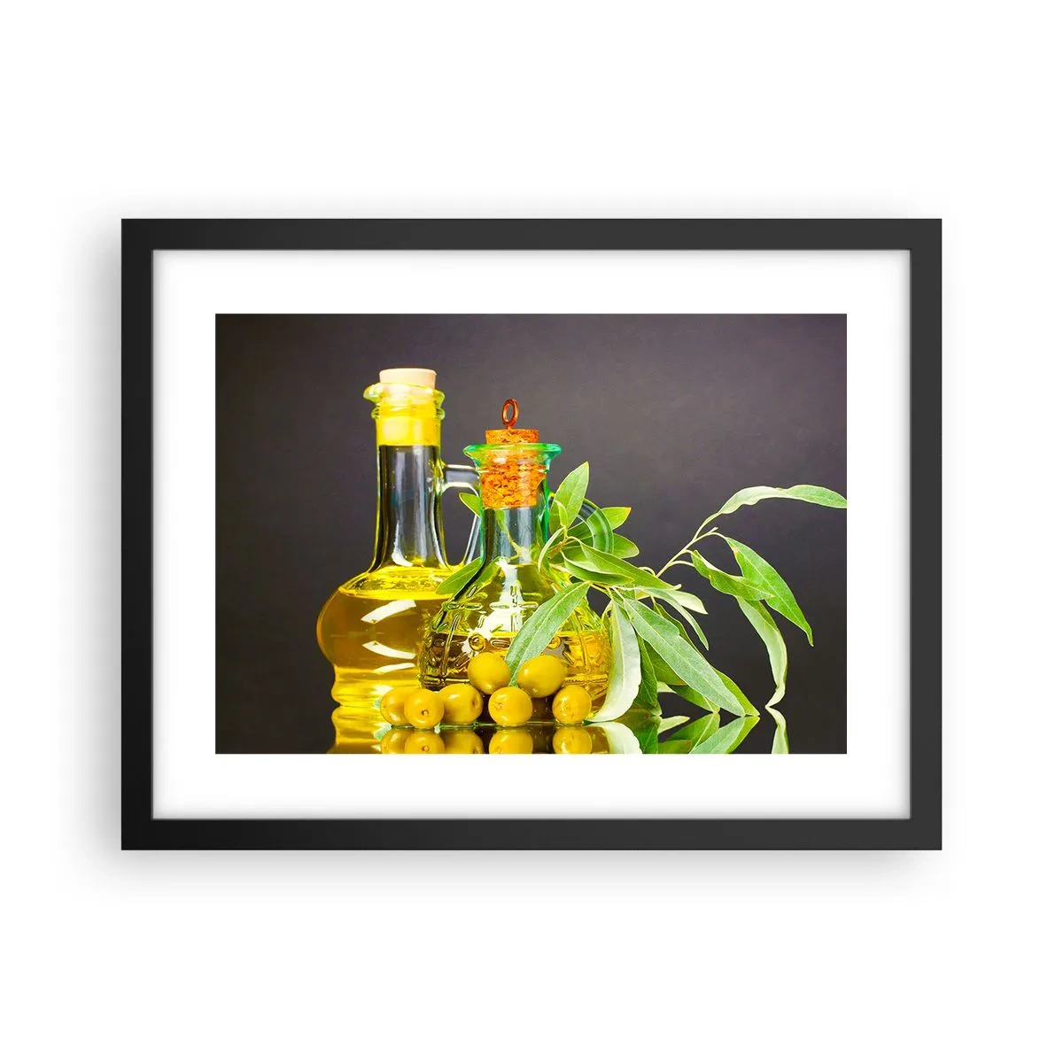 Poster in een zwarte lijst - Stilleven met olijven en olijfolie - 40x30 cm