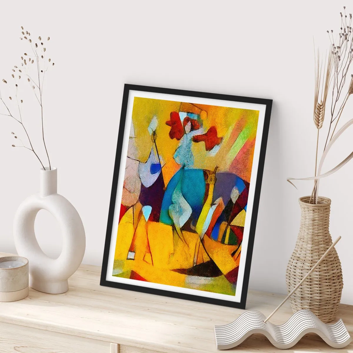 Poster in een zwarte lijst - Kleurrijke figuren in een abstracte stijl - 50x70cm - Zon - leven - vreugde - Moderne wanddecoratie voor woonkamer en slaapkamer ARTTOR