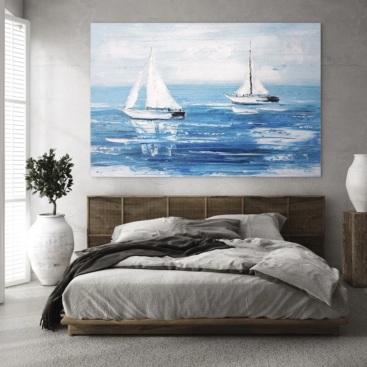 Schilderen op glas - Twee witte zeilboten op een kalme blauwe zee - 70x50cm - Met een vriend aan mijn zijde - Moderne wanddecoratie voor woonkamer en slaapkamer ARTTOR