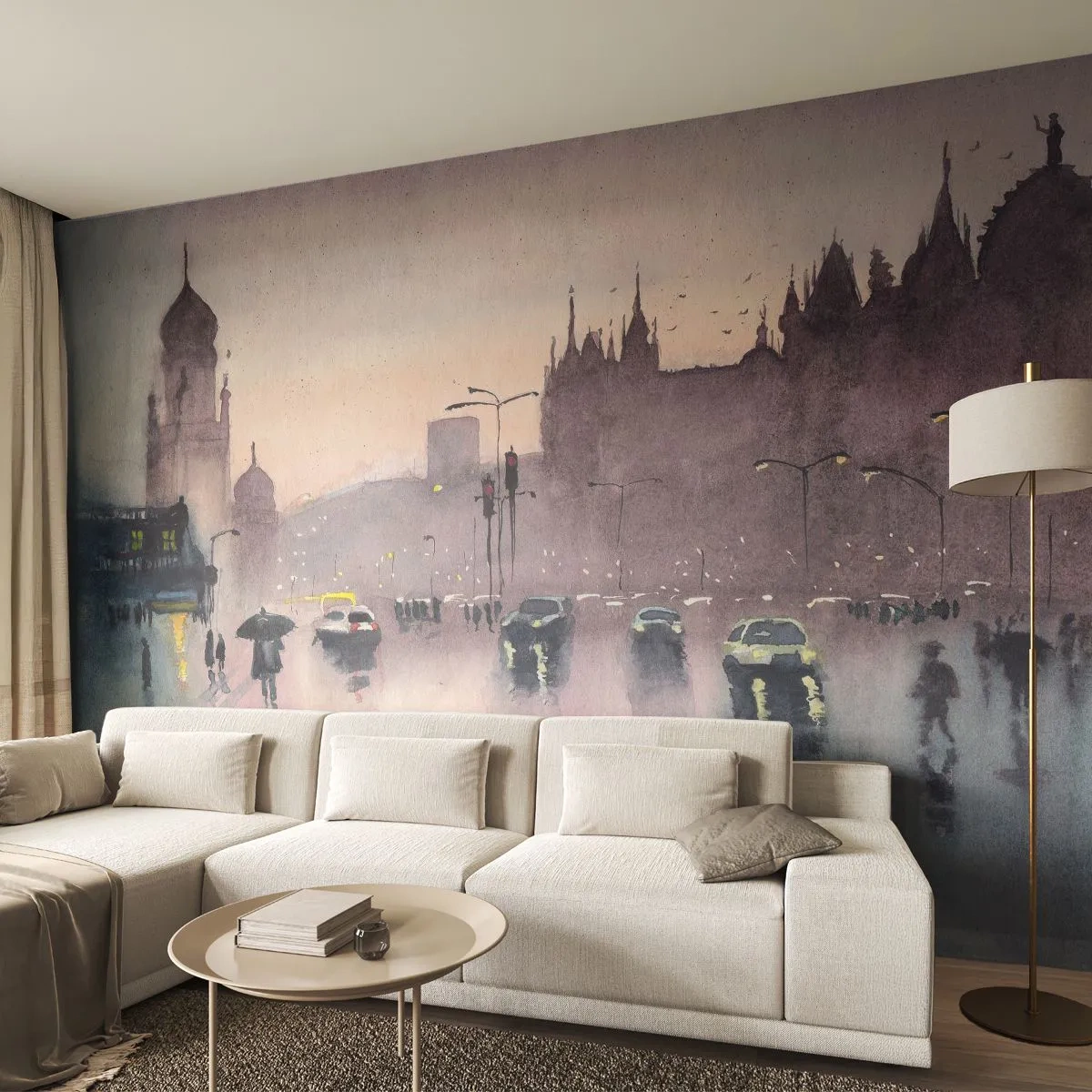 Fotobehang Premium Sand - In de regenachtige nevel - Stad, Architectuur, Monumenten - 150x105 cm