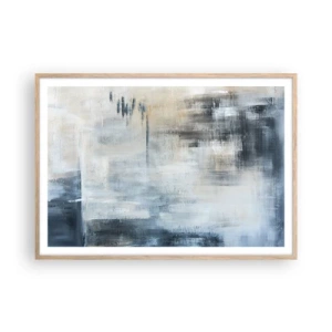 Een poster in een licht eiken lijst - Achter het blauwe gordijn - 100x70 cm
