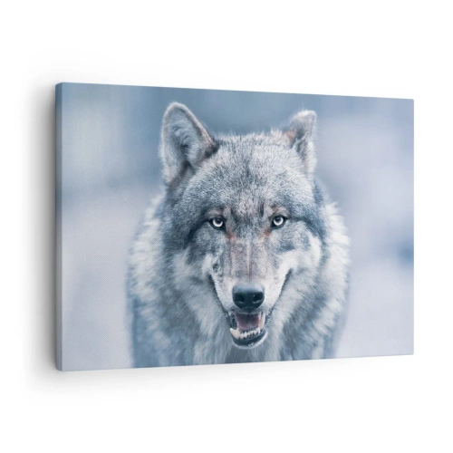 Schilderen op canvas - Een wolf met een intense blik in een winterlandschap - 70x50cm - Ga jij de uitdaging aan? - Moderne wanddecoratie voor woonkamer en slaapkamer ARTTOR