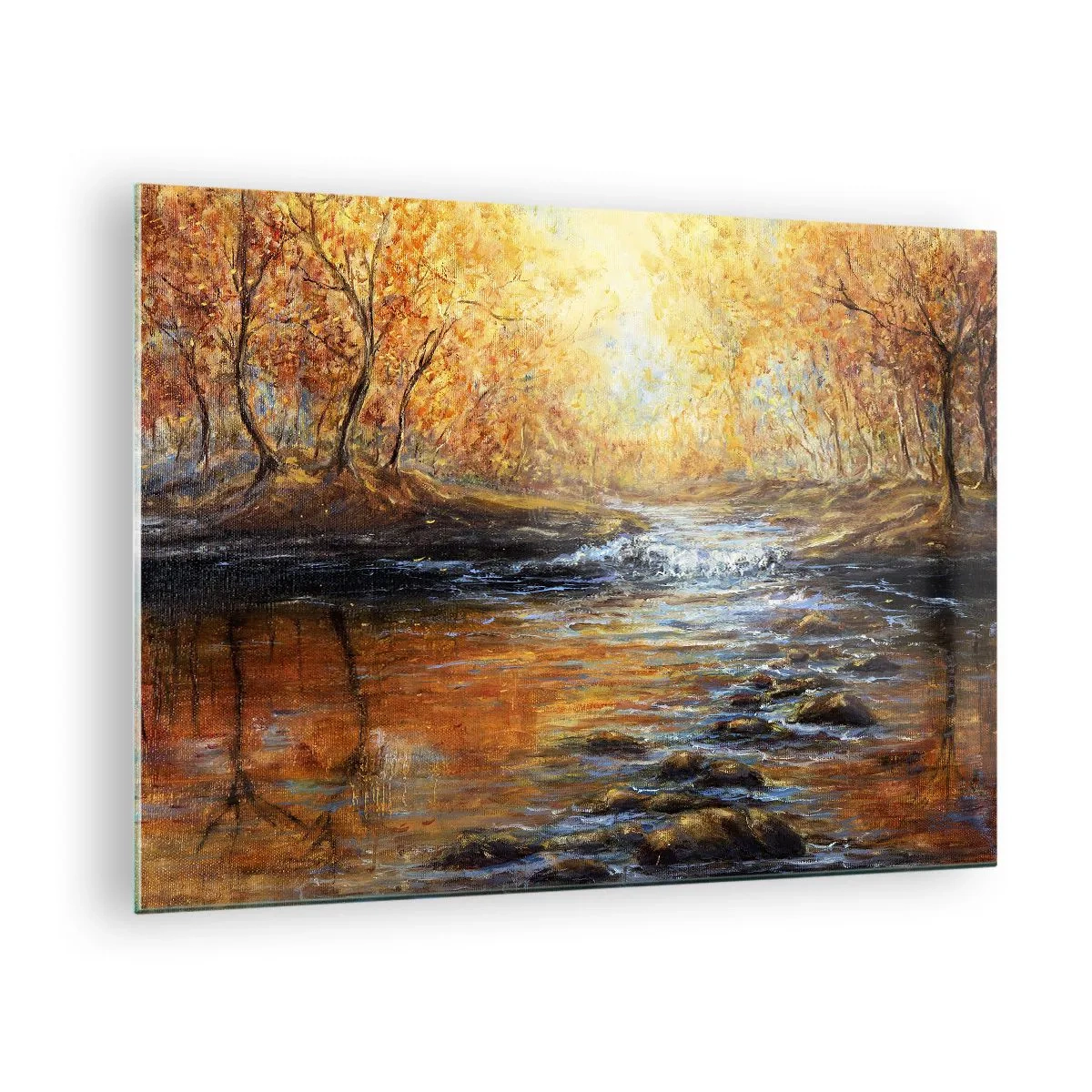 Schilderen op glas - Een gouden beek in het bos, omringd door herfstbomen - 70x50cm - De gouden stroom - Moderne wanddecoratie voor woonkamer en slaapkamer ARTTOR