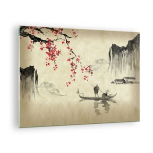 Schilderen op glas - Oosterse vissersscène met kersenbloesemtak en bergen - 70x50cm - In het land van de bloeiende kersenbomen - Moderne wanddecoratie voor woonkamer en slaapkamer ARTTOR