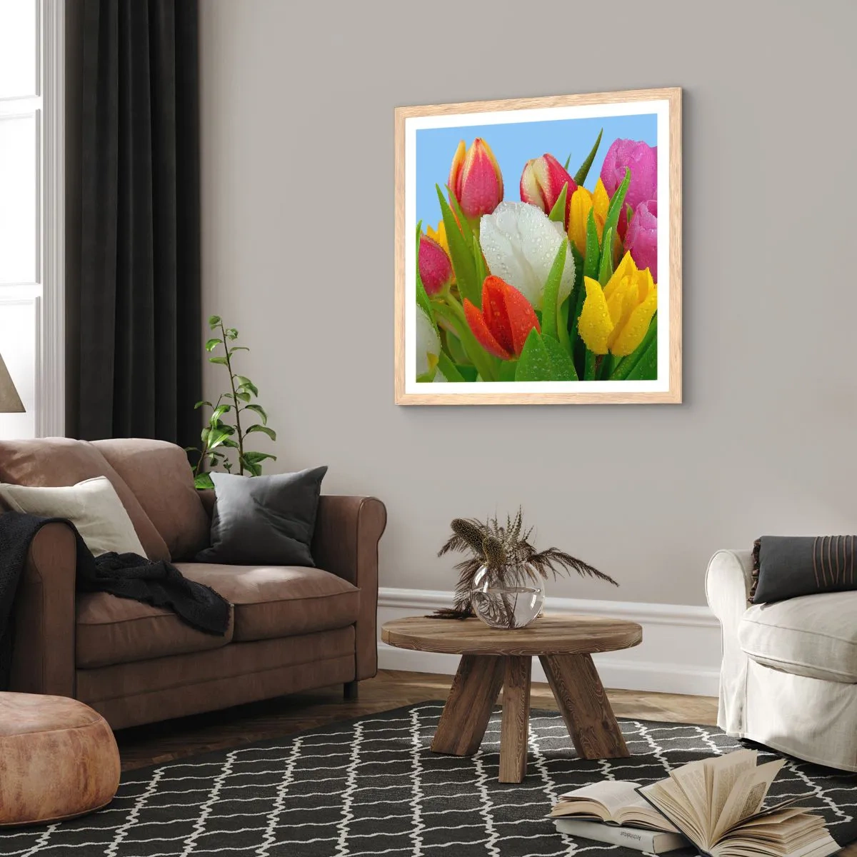 Een poster in een licht eiken lijst - Een bloemenregenboog in dauwdruppels - 30x30 cm