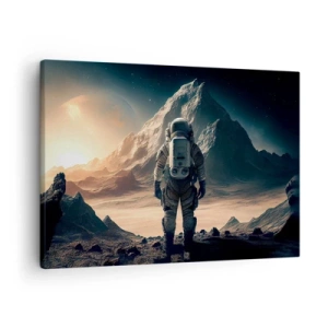 Schilderen op canvas - Astronaut tegen de achtergrond van majestueuze bergen - 70x50cm - Nieuwe uitdaging - Moderne wanddecoratie voor woonkamer en slaapkamer ARTTOR
