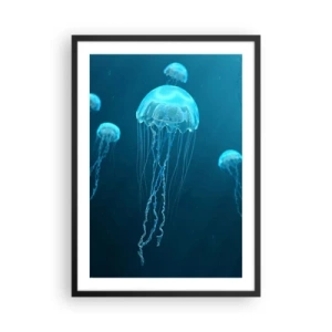 Poster in een zwarte lijst - Kwallen drijven in het blauwe oceaanwater - 50x70cm - Oceaandans - Moderne wanddecoratie voor woonkamer en slaapkamer ARTTOR