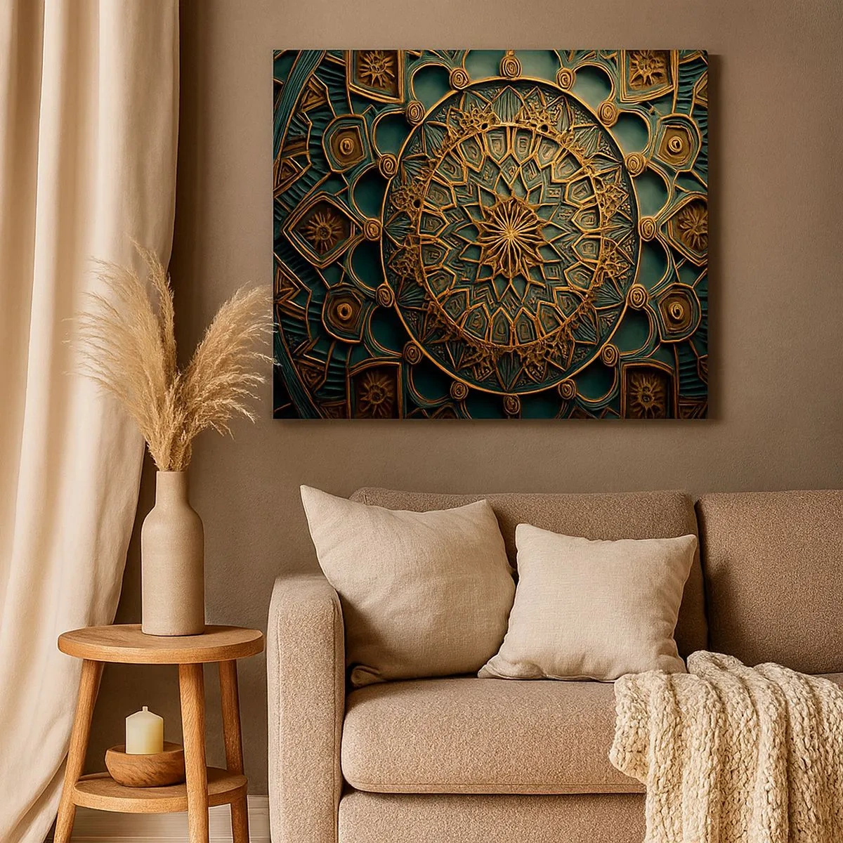 Schilderen op canvas - Een gouden mandala op een turquoise achtergrond met rijke details. - 70x50cm - In Arabische sfeer - Moderne wanddecoratie voor woonkamer en slaapkamer ARTTOR