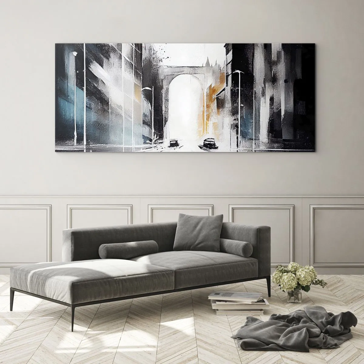 Schilderen op glas - Stadsstudie: architectuur en beweging - 100x40 cm