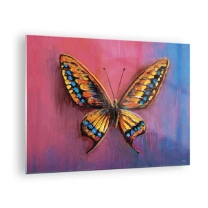 Schilderen op glas - Een kleurrijke vlinder op een achtergrond in tinten roze en paars - 70x50cm - Een juweel van de natuur - Moderne wanddecoratie voor woonkamer en slaapkamer ARTTOR