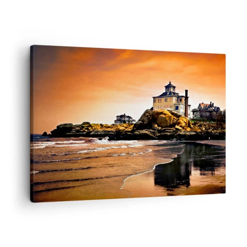 Schilderen op canvas - Een huis op een rots bij het strand bij zonsondergang met zijn weerspiegeling in het water - 70x50cm - Westkust elegantie - Moderne wanddecoratie voor woonkamer en slaapkamer ARTTOR