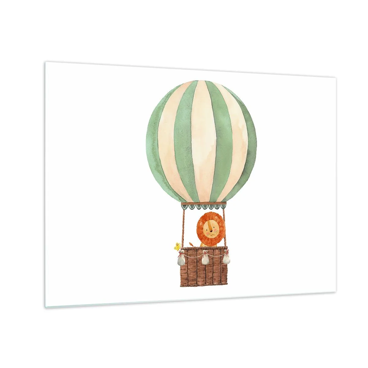 Schilderen op glas - Een leeuw in een ballonmand die zweeft op een witte achtergrond - 70x50cm - Leons reizen - Moderne wanddecoratie voor woonkamer en slaapkamer ARTTOR
