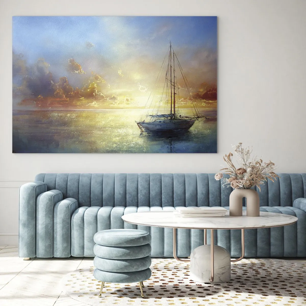Schilderen op glas - Een zeilboot op een kalme zee bij een gouden zonsondergang - 70x50cm - In een gouden baai - Moderne wanddecoratie voor woonkamer en slaapkamer ARTTOR