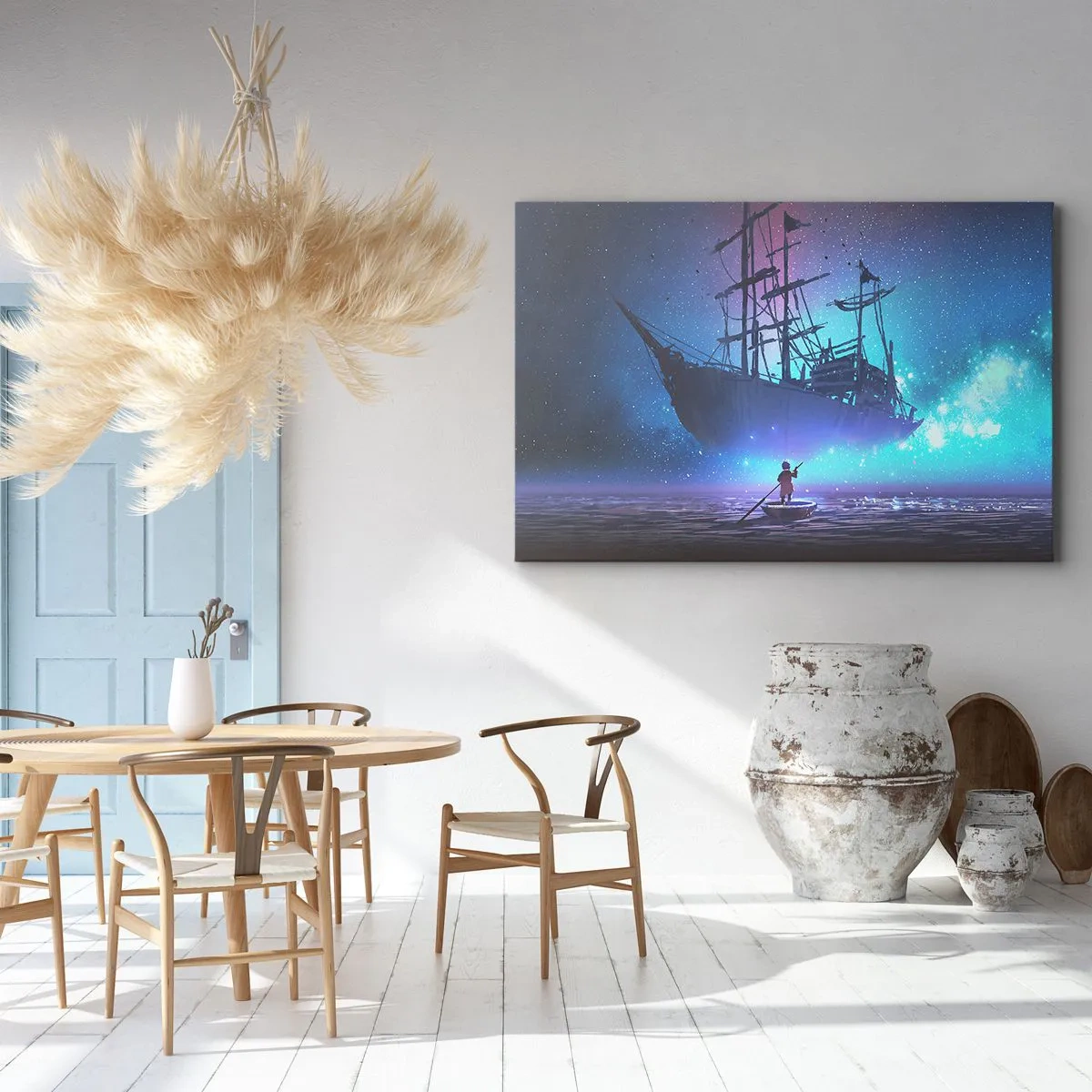 Schilderen op canvas - Een fantastisch schip tegen de sterrenhemel - 70x50cm - Ontmoeting met de mythe van de zee - Moderne wanddecoratie voor woonkamer en slaapkamer ARTTOR