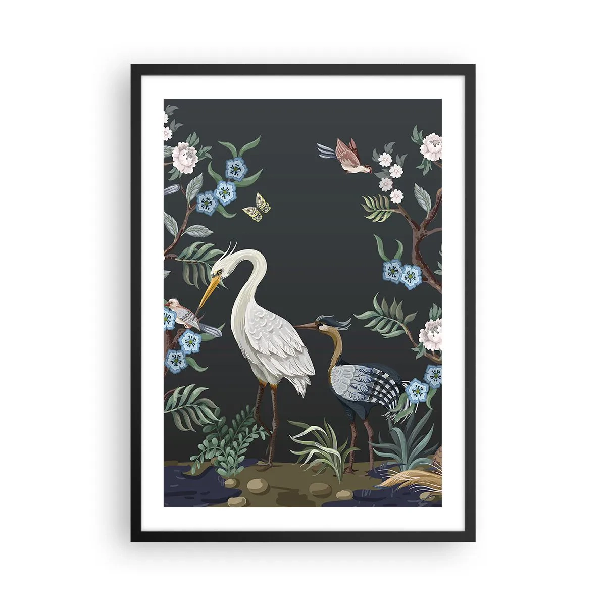 Poster in een zwarte lijst - Illustratie van vogels tussen bloemen op een donkere achtergrond - 50x70cm - Vogelparade - Moderne wanddecoratie voor woonkamer en slaapkamer ARTTOR
