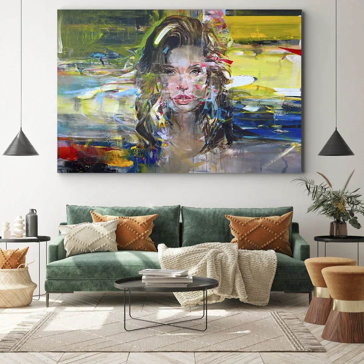 Schilderen op canvas - Abstract portret van een vrouw in intense kleuren - 70x50cm - Achter de lucht een gordijn - Moderne wanddecoratie voor woonkamer en slaapkamer ARTTOR