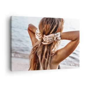 Schilderen op canvas - Een vrouw op het strand met haar haar wapperend in de zon - 70x50cm - Een zusje van water en zon - Moderne wanddecoratie voor woonkamer en slaapkamer ARTTOR