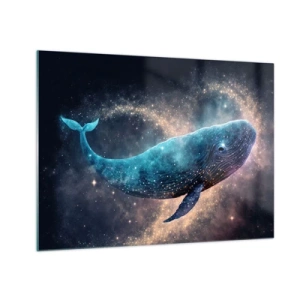 Schilderen op glas - Blauwe vinvis zweeft in de Melkweg - 70x50cm - Er is zo’n wereld… - Moderne wanddecoratie voor woonkamer en slaapkamer ARTTOR