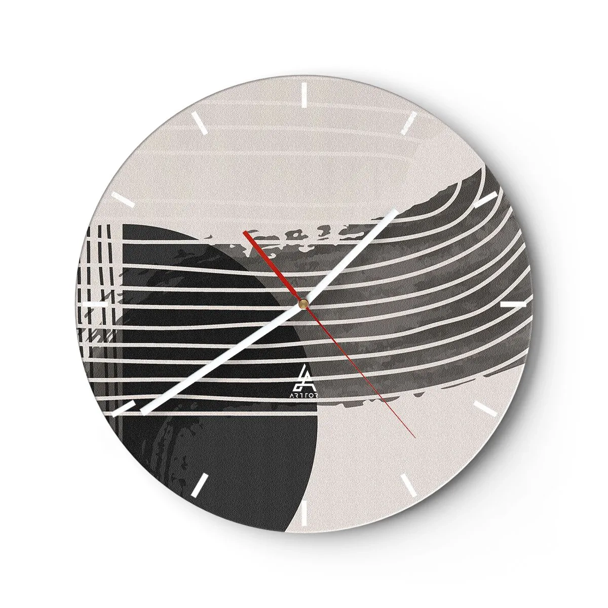 Wandklok - Klok - Geometrische compositie met lijnen en halve cirkels in grijstinten. - 30x30cm - Daar en terug - Moderne wanddecoratie voor woonkamer, keuken en slaapkamer ARTTOR