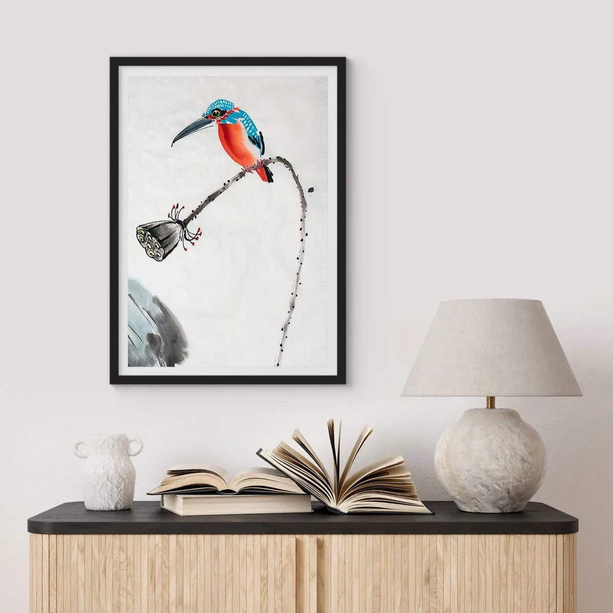 Poster in een zwarte lijst - Kleurrijke ijsvogel op een tak in aquarelstijl - 50x70cm - Het leven van de weide - Moderne wanddecoratie voor woonkamer en slaapkamer ARTTOR
