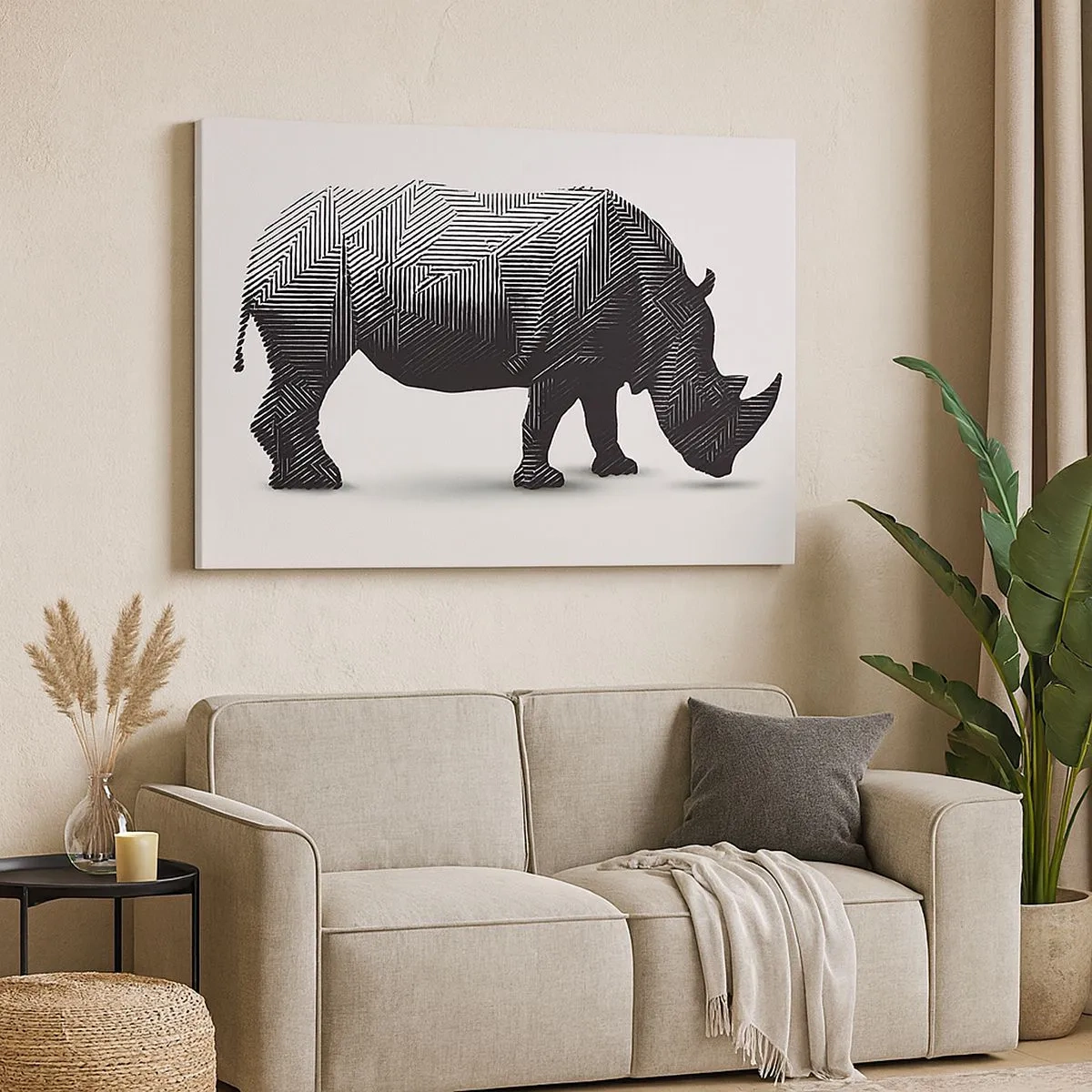 Schilderen op canvas - Grafisch silhouet van een neushoorn in een zwart-wit patroon - 70x50cm - Geometrische schoonheid van de natuur - Moderne wanddecoratie voor woonkamer en slaapkamer ARTTOR